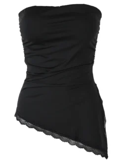 Lovery Top donna asimmetrico con scollo a fascia e bordo finale in pizzo - nero
