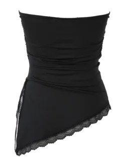 Lovery Top donna asimmetrico con scollo a fascia e bordo finale in pizzo - nero