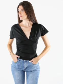 Lovery Top donna con scollo a V davanti e dietro con arricciature laterali - nero