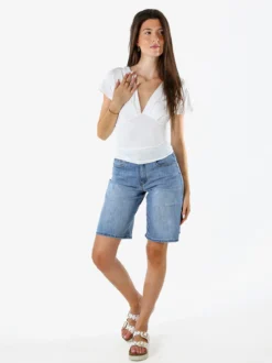 Lovery Top donna con scollo a V davanti e dietro con arricciature laterali - bianco