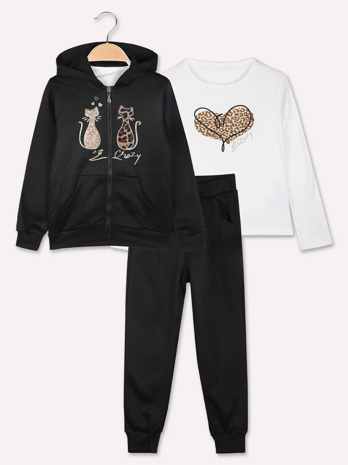 Luisa Chic Completo tuta 3 pezzi da bambina con cappuccio e zip - nero