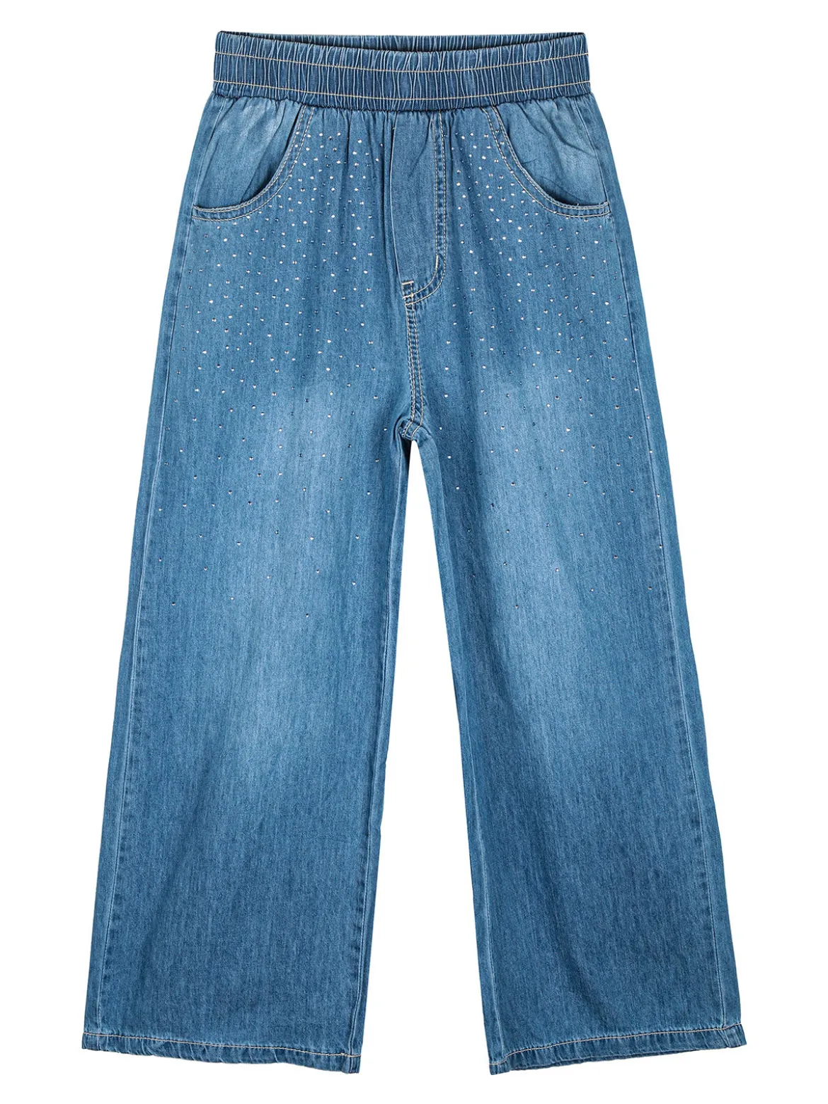 Luisa Chic Pantaloni da bambina effetto jeans con strass a gamba larga