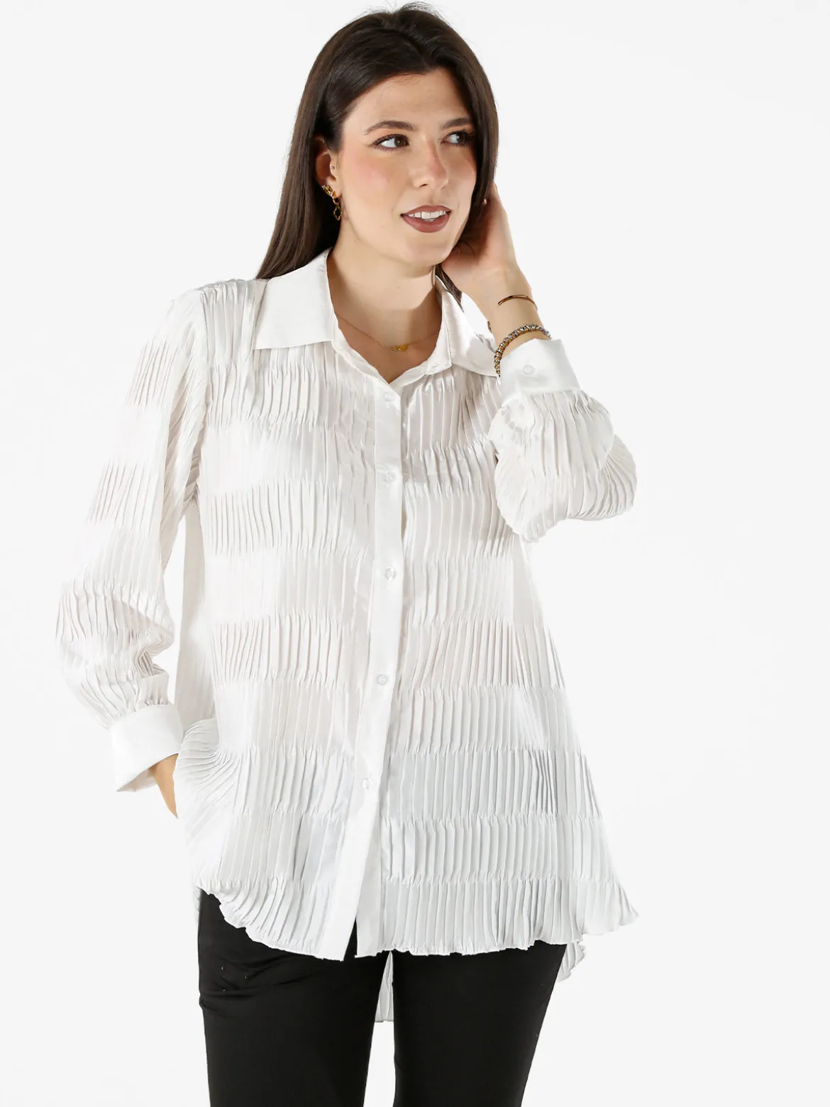 Luxesize Camicia plissettata da donna con maniche lunghe a palloncino - bianco