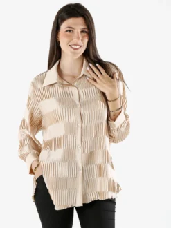 Luxesize Camicia plissettata da donna con maniche lunghe a palloncino - beige