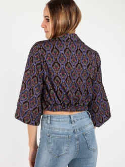 Made In Italy Camicetta donna cropped annodata con manica ampia a 3/4