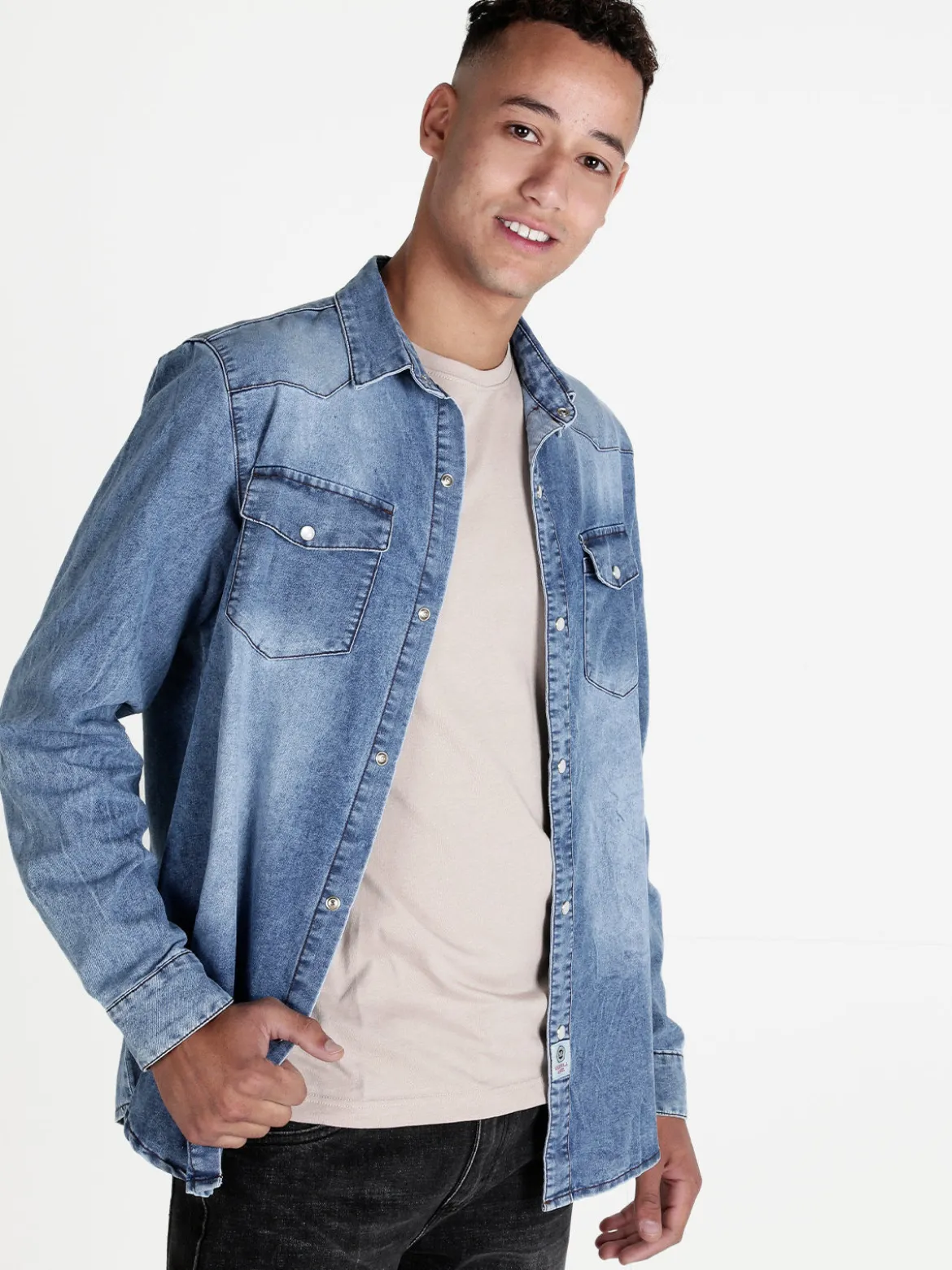 M.Angel Camicia in jeans da uomo a maniche lunghe