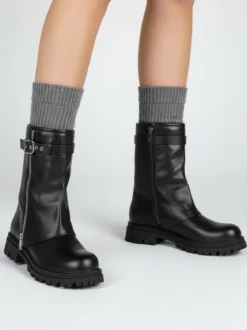 Martin Pescatore Stivaletti chunky donna a doppio strato con fibbia e zip - nero