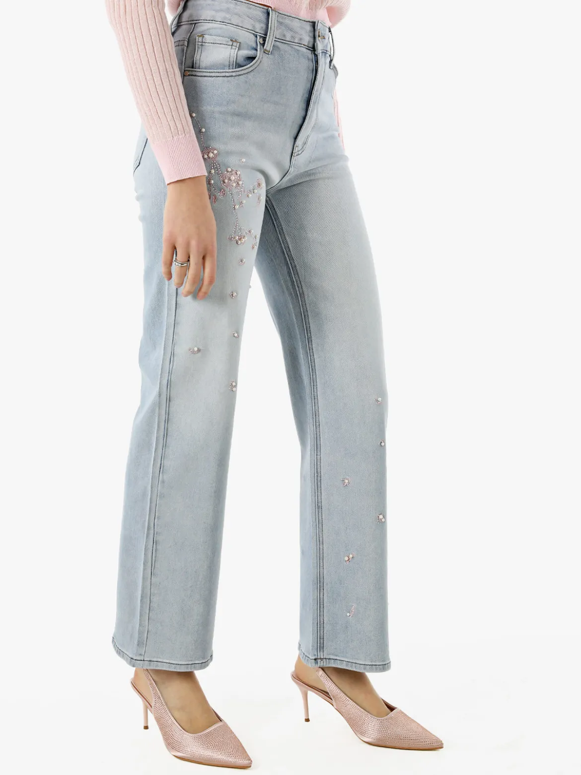 Max & Liu Jeans donna a gamba larga con ricami e perle - jeans