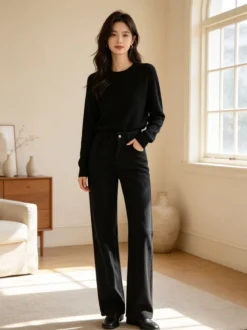 Max & Liu Pantaloni donna jeans a gamba larga - nero