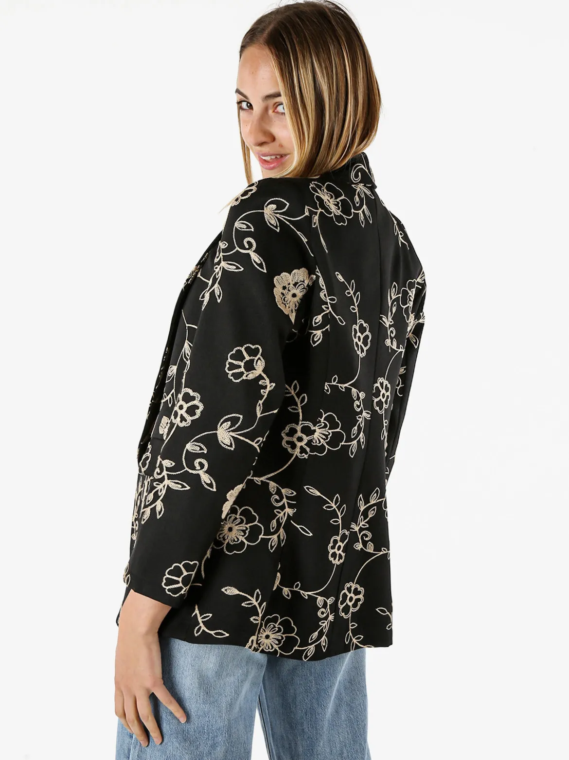Melitea Blazer donna aperto con ricami floreali - nero