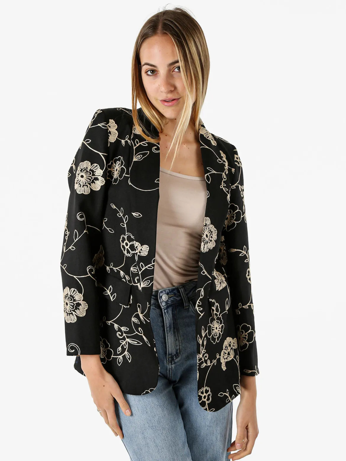 Melitea Blazer donna aperto con ricami floreali - nero
