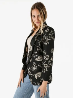 Melitea Blazer donna aperto con ricami floreali - nero