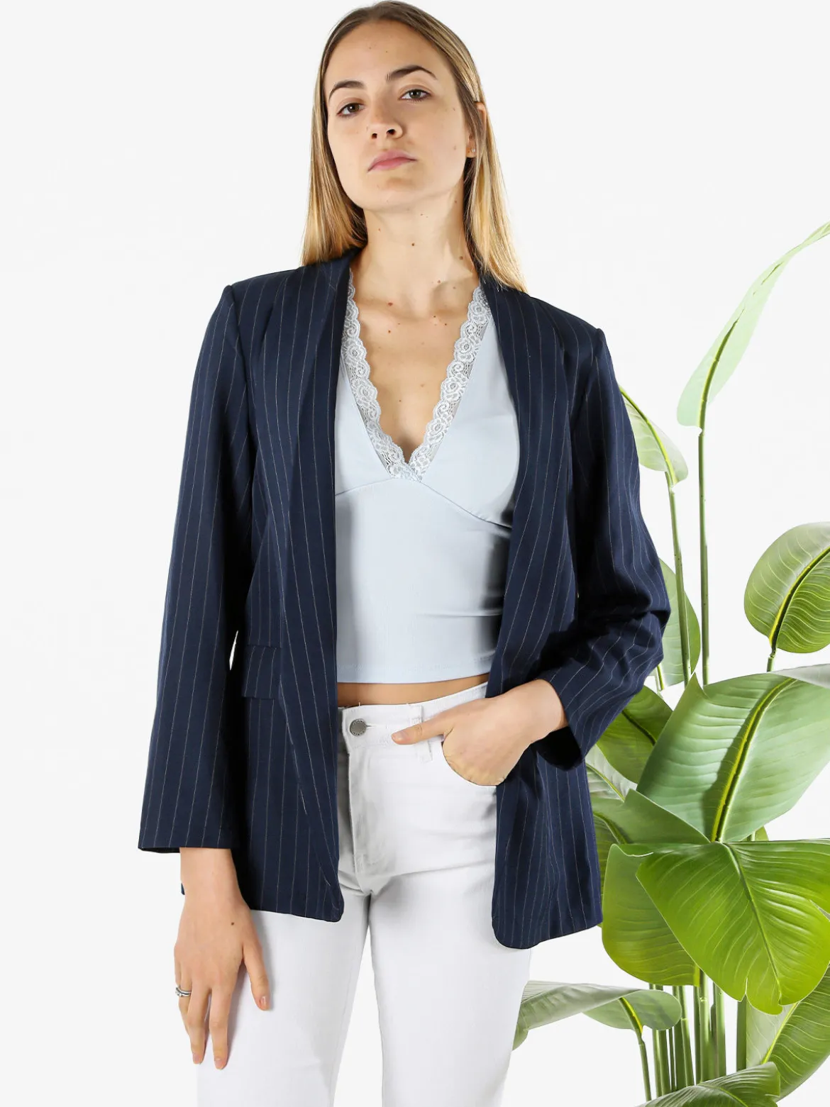Melitea Blazer donna gessato senza chiusura - blu scuro