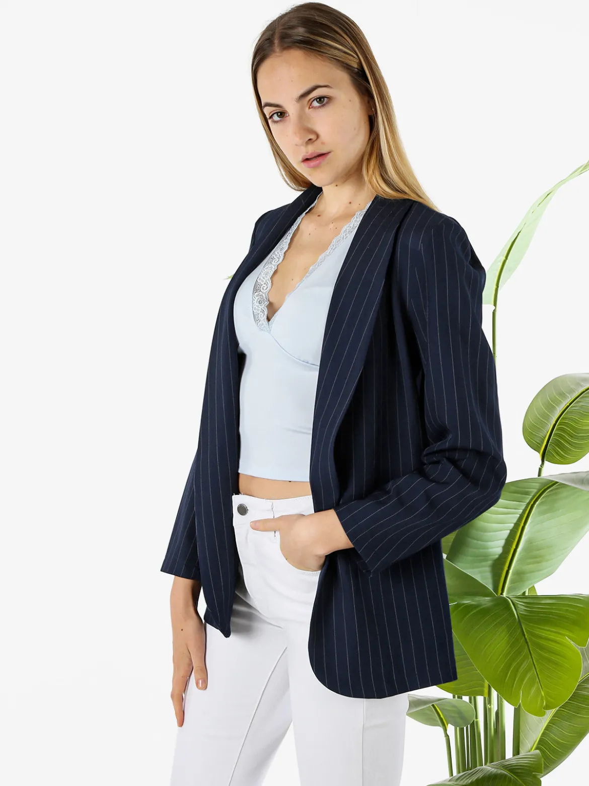 Melitea Blazer donna gessato senza chiusura - blu scuro