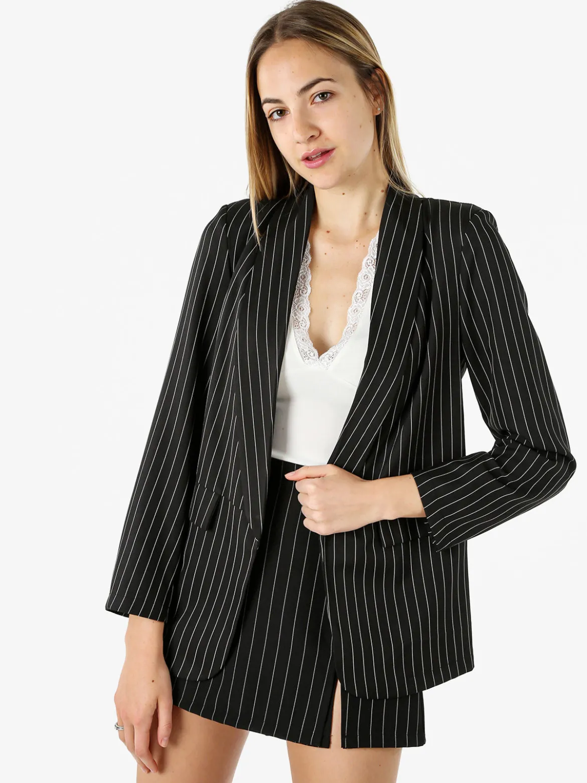 Melitea Blazer donna gessato senza chiusura - nero