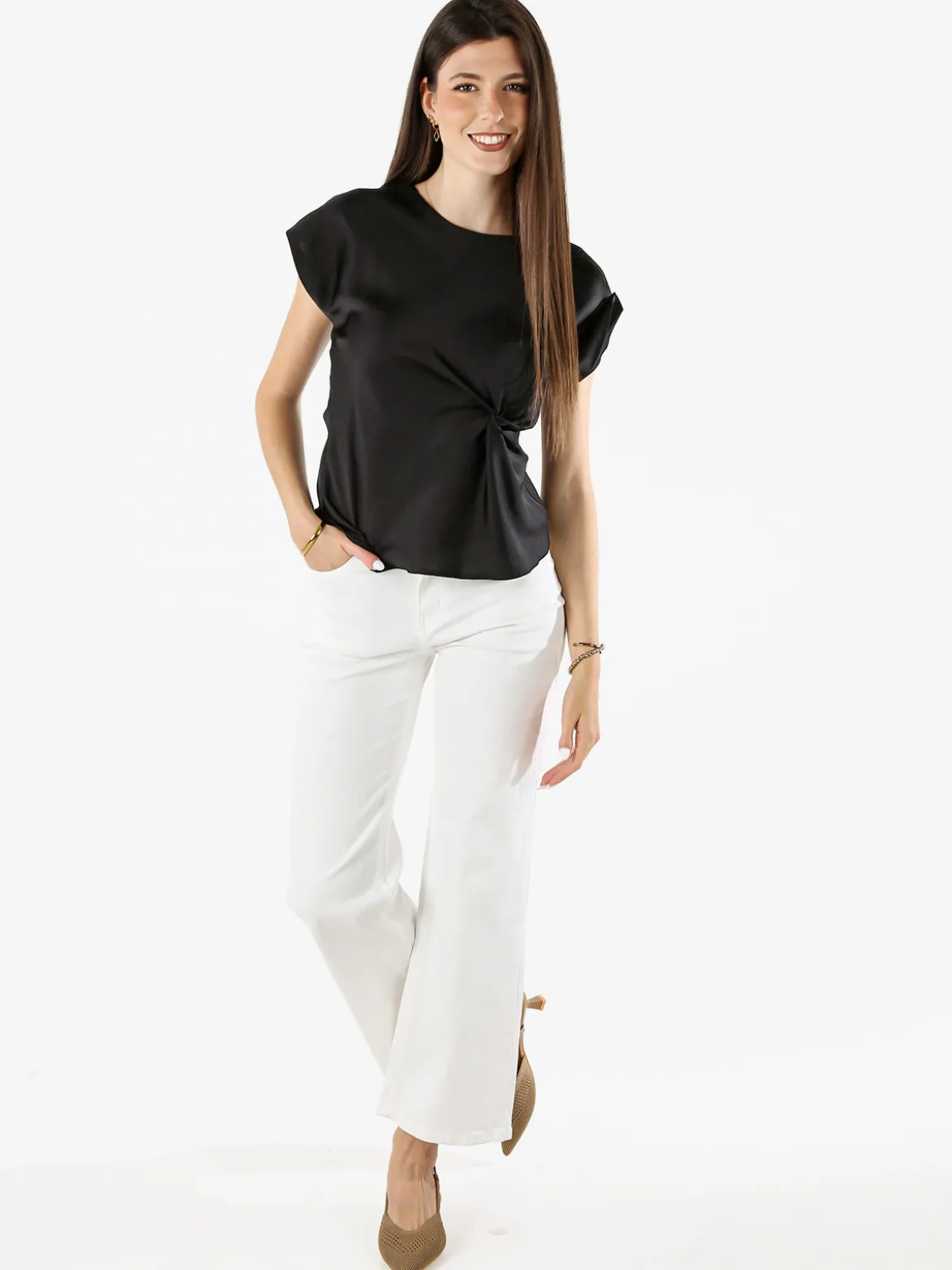 Melitea Blusa donna a maniche corte in tessuto effetto raso - nero