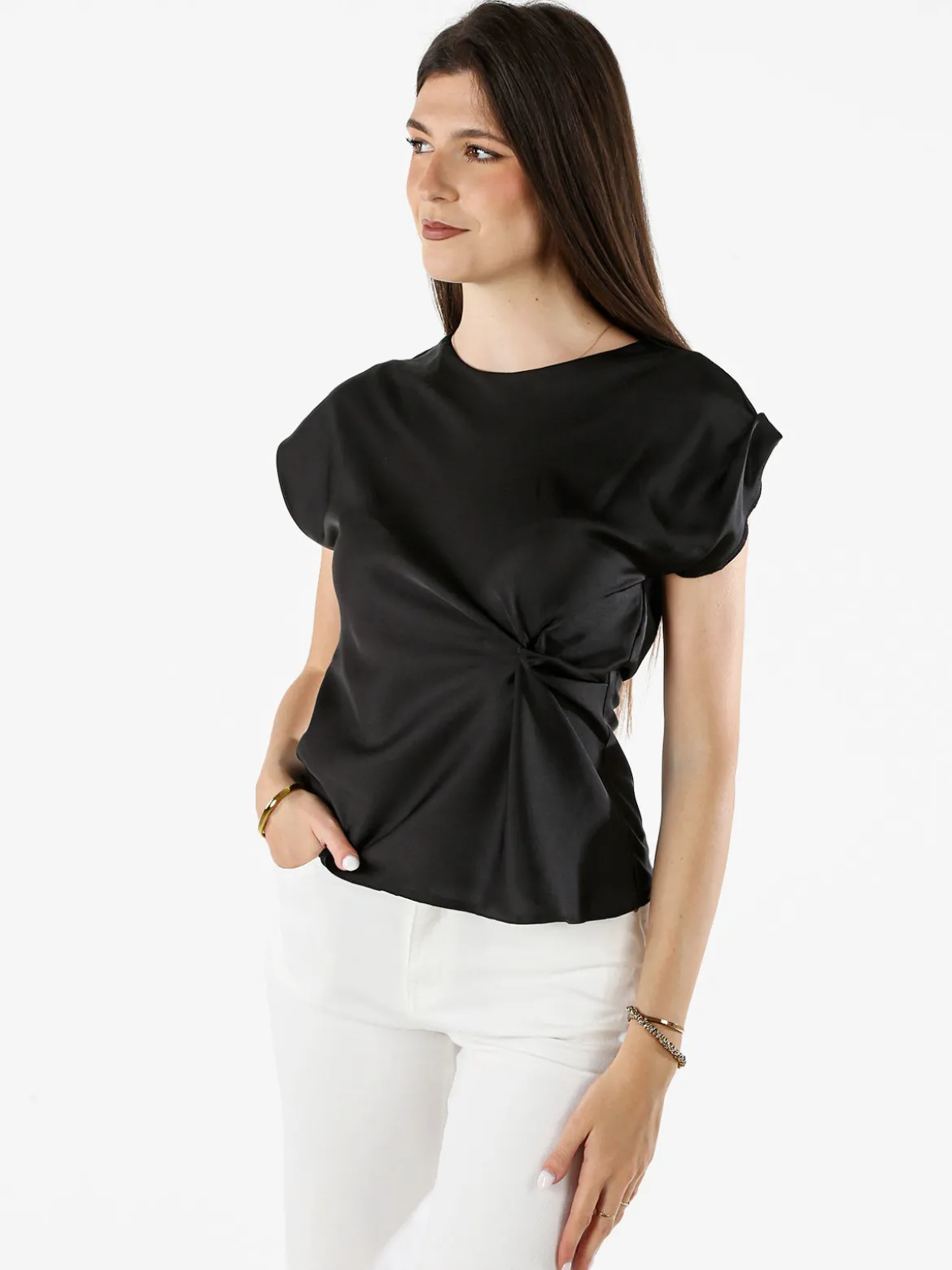 Melitea Blusa donna a maniche corte in tessuto effetto raso - nero