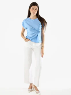 Melitea Blusa donna a maniche corte in tessuto effetto raso - azzurro