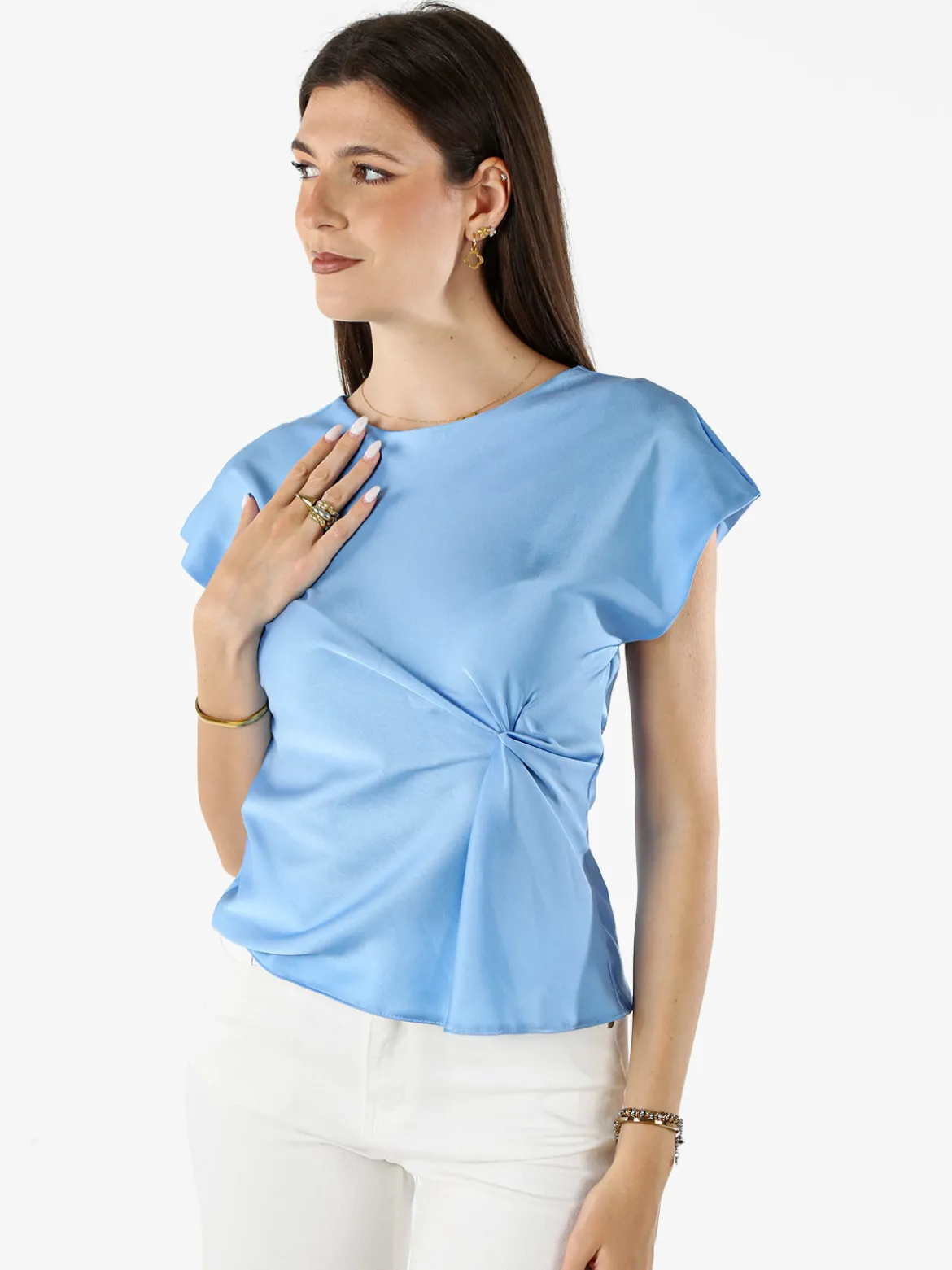 Melitea Blusa donna a maniche corte in tessuto effetto raso - azzurro