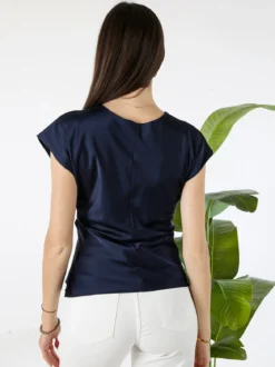 Melitea Blusa donna a maniche corte in tessuto effetto raso - blu scuro