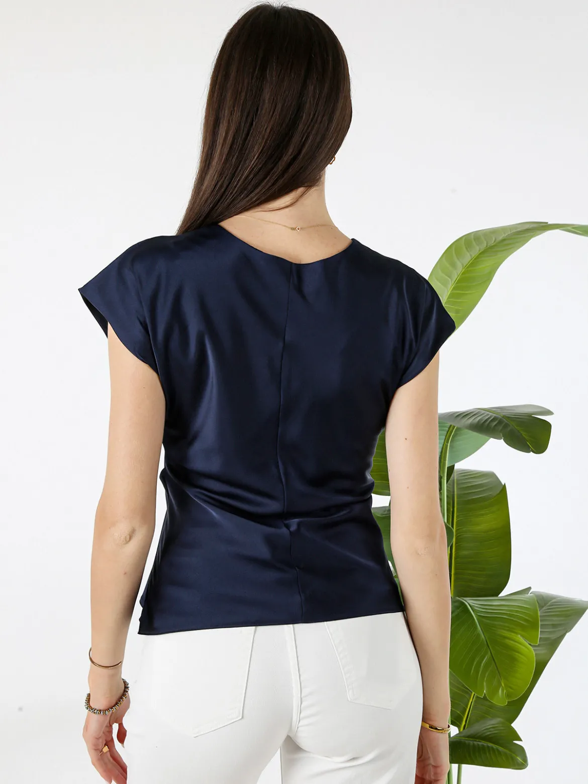 Melitea Blusa donna a maniche corte in tessuto effetto raso - blu scuro