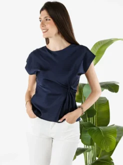 Melitea Blusa donna a maniche corte in tessuto effetto raso - blu scuro