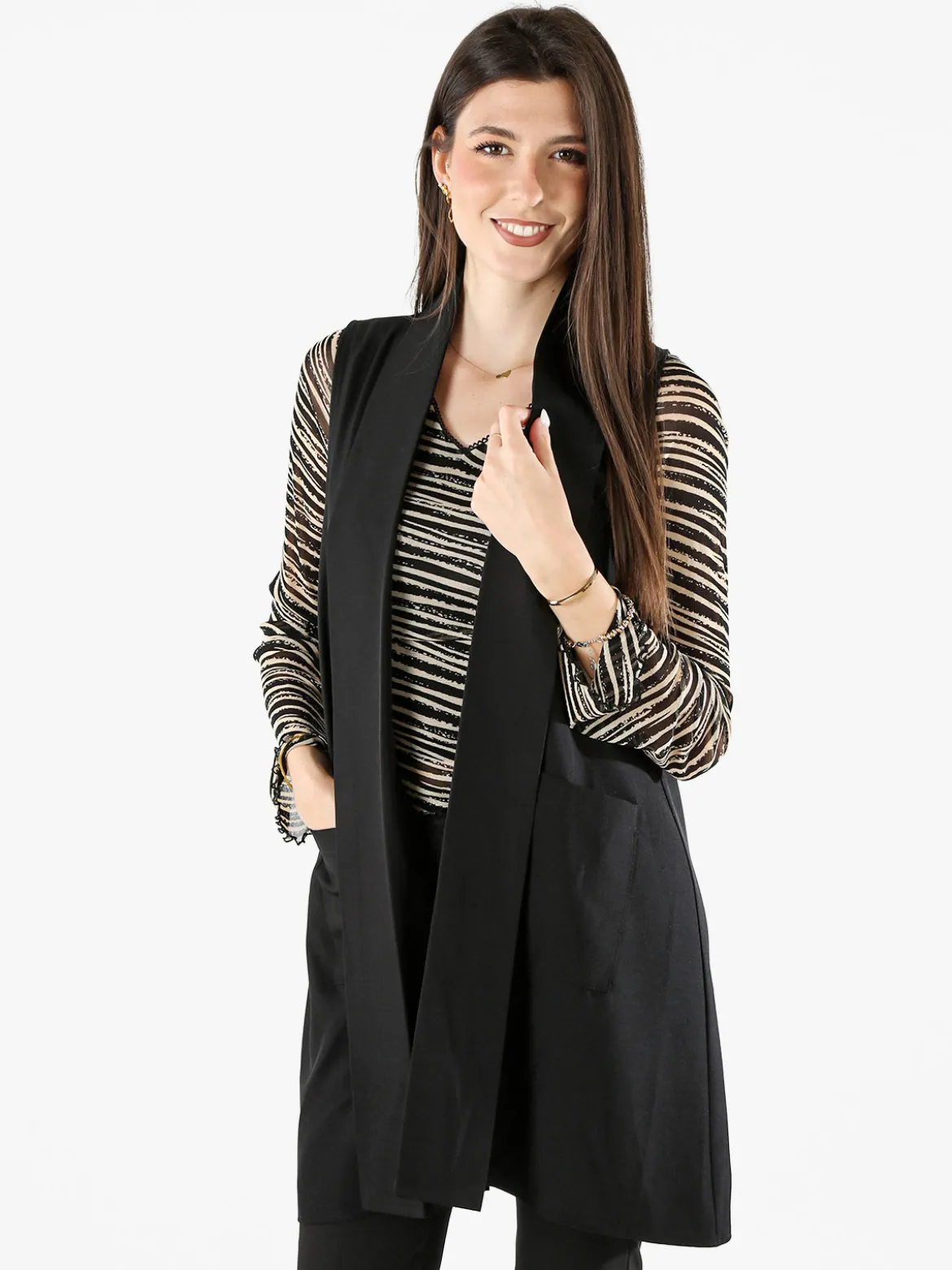 Melitea Gilet donna lungo con tasche - nero