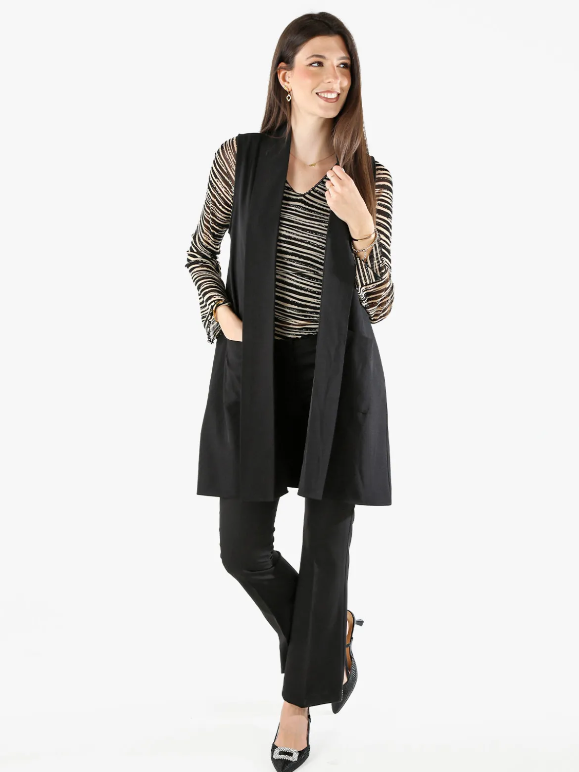Melitea Gilet donna lungo con tasche - nero