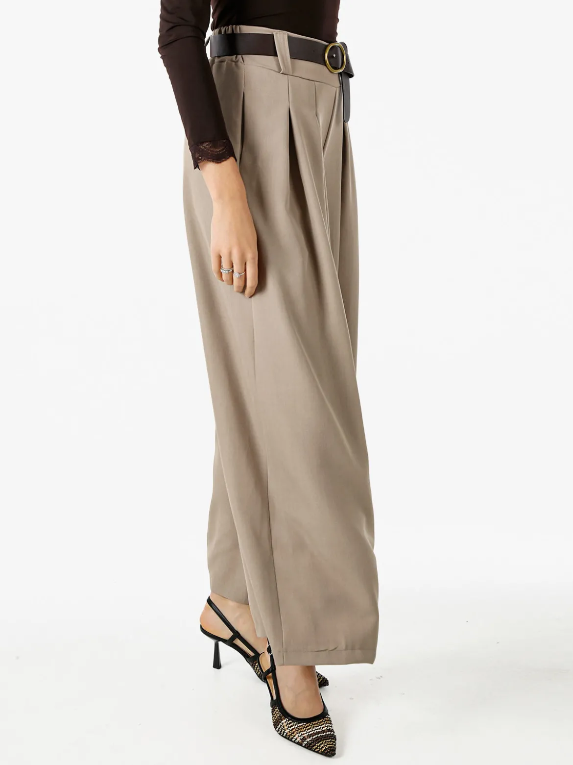 Melitea Pantaloni donna a palazzo con vita alta e cintura - taupe