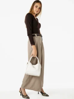 Melitea Pantaloni donna a palazzo con vita alta e cintura - taupe