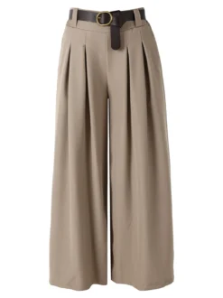 Melitea Pantaloni donna a palazzo con vita alta e cintura - taupe