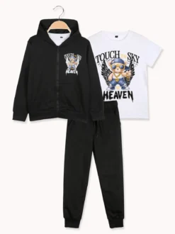 Mg Fashion Studio Completo tuta 3 pezzi da ragazzo con cappuccio e zip - nero