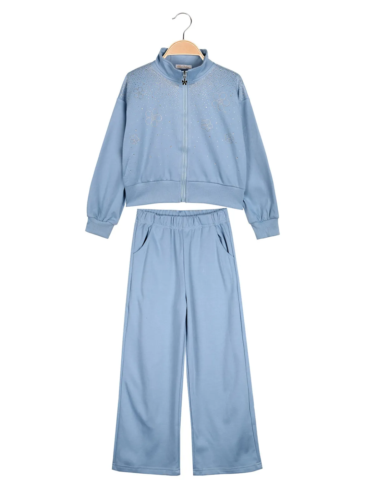 Miss Bellina Completo 3 pezzi da bambina con strass e zip - azzurro