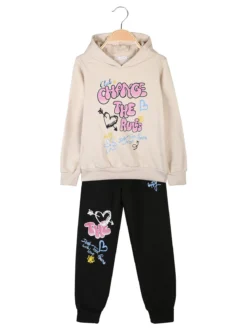 Miss Bellina Completo tuta 2 pezzi da bambina con cappuccio e stampe - beige