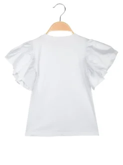 Miss Bellina T-shirt da ragazza con fiore e maniche ampie a volant