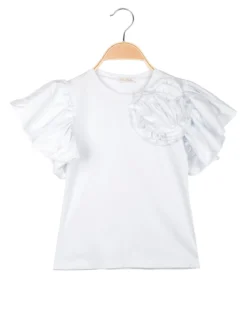 Miss Bellina T-shirt da ragazza con fiore e maniche ampie a volant