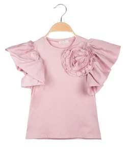 Miss Bellina T-shirt da ragazza con fiore e maniche ampie a volant
