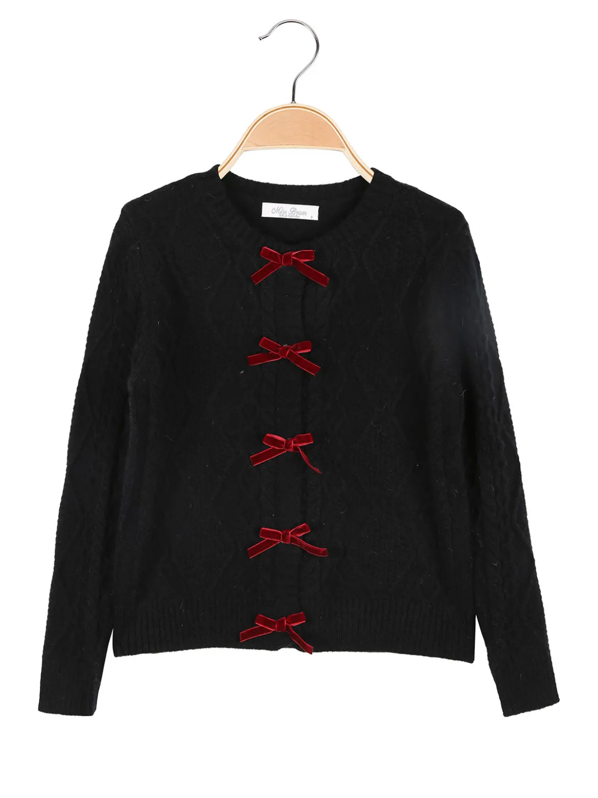 Miss Brum Cardigan da bambina in maglia con fiocchetti di velluto - nero