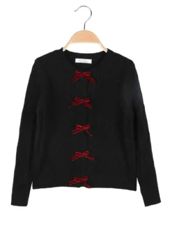 Miss Brum Cardigan da bambina in maglia con fiocchetti di velluto - nero