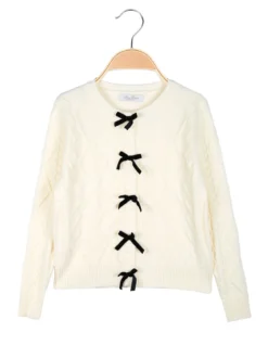 Miss Brum Cardigan da bambina in maglia con fiocchetti di velluto - panna