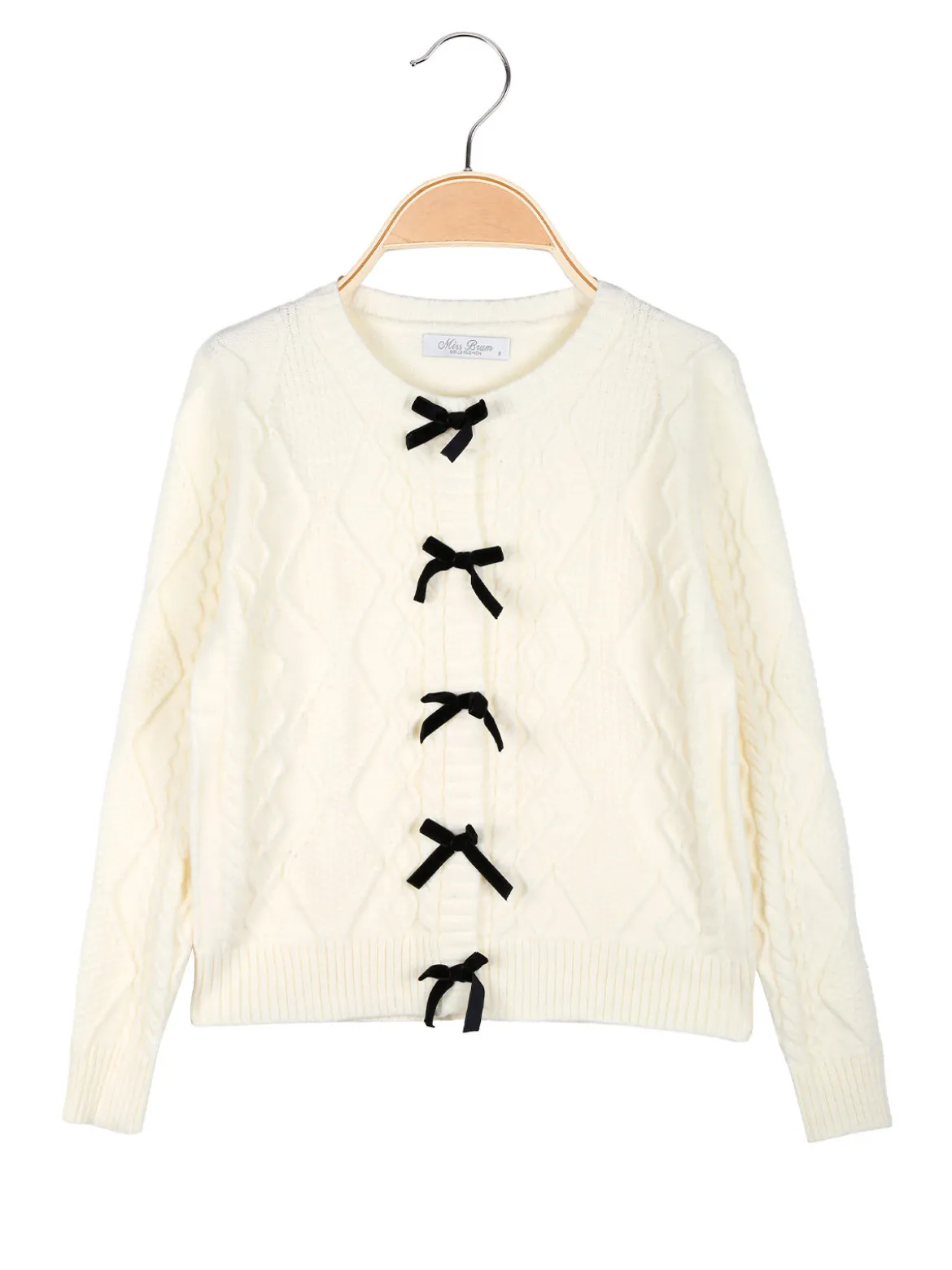 Miss Brum Cardigan da bambina in maglia con fiocchetti di velluto - panna
