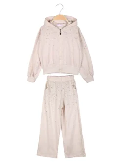 Miss Brum Completo tuta 2 pezzi da bambina con perle e strass - beige
