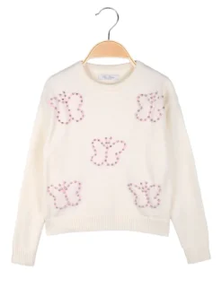 Miss Brum Maglione girocollo da bambina con strass - panna