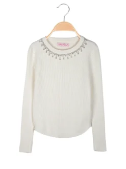 Miss Brum Pullover da bambina in maglia con girocollo di strass