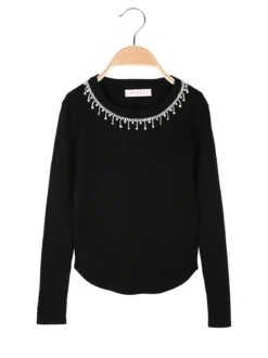 Miss Brum Pullover da bambina in maglia con girocollo di strass