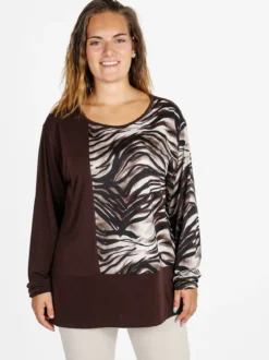 Miss E Co Blusa donna a maniche lunghe con stampa fantasia linea curvy - moro