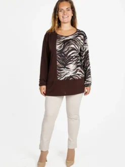 Miss E Co Blusa donna a maniche lunghe con stampa fantasia linea curvy - moro