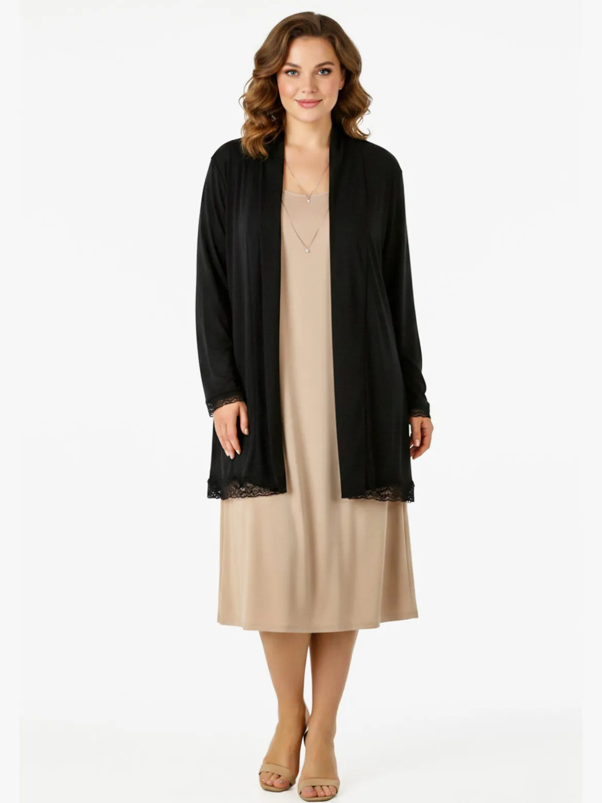 Miss E Co Cardigan donna a maniche lunghe con bordo finale in pizzo linea curvy - nero