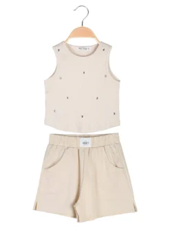Miss Image Completo corto da ragazza con top a costine e shorts - beige
