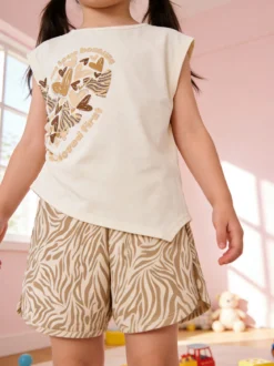 Miss Image Completo corto da ragazza in cotone con top e shorts - beige